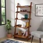 5 Tier Wall Mounted Bookcase Ladder Shelf for Home Living Room Bedroom Brown Finish - Image 4