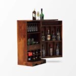 Bar Cabinet for Home | Wooden Mini Bar Cabinet with Glass Holders, Bottle Rack & Drawer Storage | Bar Furniture for Living Room (Light Brown) - Image 3