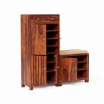 Shoe Cabinet with Seating Closed Door for Home | Sheesham Wood Shoe Rack with Seating & Drawer Storage Organiser (Honey Finish) - Image 3