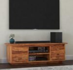 TV Cabinet for Living Room | Solid Wood TV Unit with Storage Shelves, Natural Sheesham Finish, 60''X18''X20'', 4 Drawers with Open Shelves, Media Console Cabine