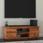 TV Cabinet for Living Room | Solid Wood TV Unit with Storage Shelves, Natural Sheesham Finish, 60''X18''X20'', 4 Drawers with Open Shelves, Media Console Cabine