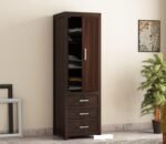 Wardrobe with Single Door & Carved Drawers | Ideal Bedroom Almirah with Multiple Storage Compartments | Sleek Design Wooden Furniture (Walnut Finish)