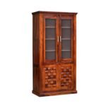 Multipurpose Kitchen Crockery Cabinet Display Rack with 4 Door and 4 Shelf for Living Room | Solid Wood Bookcase for Home Office. (Honey, Size: 33x15x69 Inch) - Image 3