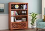 Bookshelf with 3 Shelf and 2 Door Storage for Office Living Room Home Multipurpose Wooden Book Rack (Honey Finish)