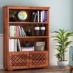 Bookshelf with 3 Shelf and 2 Door Storage for Office Living Room Home Multipurpose Wooden Book Rack (Honey Finish)