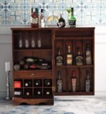 Bar Cabinet for Home | Wooden Mini Bar Cabinet with Glass Holders, Bottle Rack & Drawer Storage | Bar Furniture for Living Room (Light Brown)