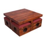 Card Holo Coffee Table Set with 4 Stools, Sheesham Wood, 80x80x43 cms - Image 5