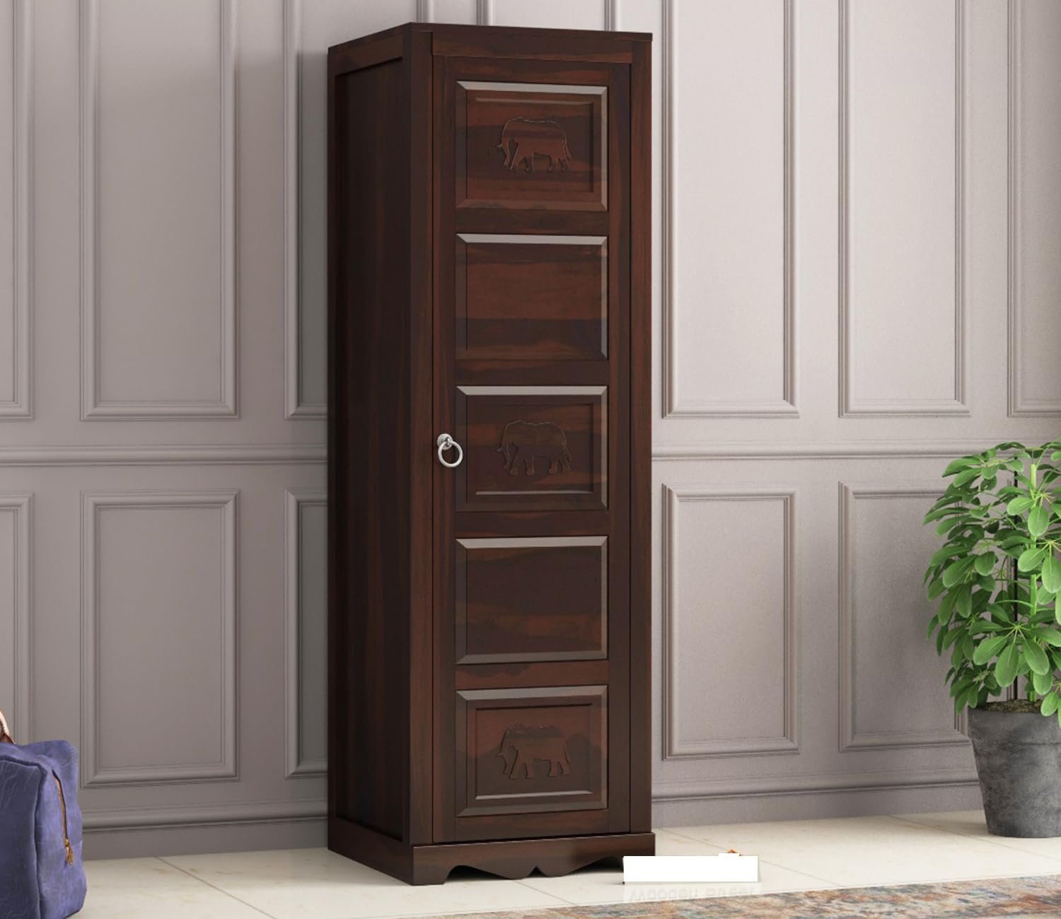 61OH6rlReVL._SL1500_ Wardrobe for Clothes | Solid Sheesham Wood Wardrobe for Bedroom | Single Door Almirah with Elephant Carving | Wooden Storage Cabinet | Walnut Finish - Image 1