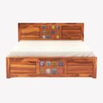 Wood King Size Bed with Storage Box | Solid King Size Cot Rajasthani Jodhpuri Tile Double Bed with Box for Home - Natural Finish (Assembly Included) - Image 7
