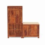 Shoe Cabinet with Seating Closed Door for Home | Sheesham Wood Shoe Rack with Seating & Drawer Storage Organiser (Honey Finish) - Image 4
