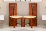 T-Poster Wooden Dining Chairs Set of 2 for Kitchen & Dining Room, Chairs with Cushion, Two Seats, Solid Sheesham Wood, Honey Finish