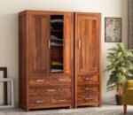 3 Door Wardrobe Set for Bedroom | Designer Carved Drawers & Spacious Shelves | Solid Wood Almirah with Natural Finish & Hanging Storage (Honey Finish)