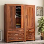 3 Door Wardrobe Set for Bedroom | Designer Carved Drawers & Spacious Shelves | Solid Wood Almirah with Natural Finish & Hanging Storage (Honey Finish)