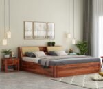 King Size Bed with Box Storage Wooden Double Bed Cot Bed Furniture for Bedroom Living Room Home (Honey Finish)