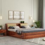 King Size Bed with Box Storage Wooden Double Bed Cot Bed Furniture for Bedroom Living Room Home (Honey Finish)