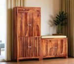 Shoe Cabinet with Seating Closed Door for Home | Sheesham Wood Shoe Rack with Seating & Drawer Storage Organiser (Honey Finish)
