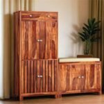 Shoe Cabinet with Seating Closed Door for Home | Sheesham Wood Shoe Rack with Seating & Drawer Storage Organiser (Honey Finish)