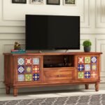 TV Unit 1 Drawer 2 Door Cabinet Natural Teak Finish Colour Brown