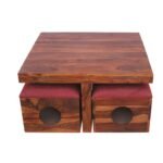 Card Holo Coffee Table Set with 4 Stools, Sheesham Wood, 80x80x43 cms - Image 3