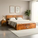 Wood King Size Bed with Storage Box | Solid King Size Cot Rajasthani Jodhpuri Tile Double Bed with Box for Home - Natural Finish (Assembly Included)
