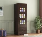 Wardrobe for Clothes Storage | Sheesham Wood Wardrobe with Ceramic Tile Design & 2 Drawers | Handcrafted 1-Door Wooden Almirah for Bedroom | Dark Walnut Finish