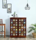 Bar Cabinet with Colourful Ceramic Tile Inlay, Double Door Storage, Traditional Design - Image 2