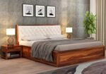 Wood Queen Size Bed with Storage | Wooden Double Bed Cot Bed with Box Storage & Upholstered Cushioned Headboard for Bedroom | Teak Finish