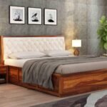 Wood Queen Size Bed with Storage | Wooden Double Bed Cot Bed with Box Storage & Upholstered Cushioned Headboard for Bedroom | Teak Finish