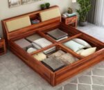 King Size Bed with Box Storage Wooden Double Bed Cot Bed Furniture for Bedroom Living Room Home (Honey Finish) - Image 7