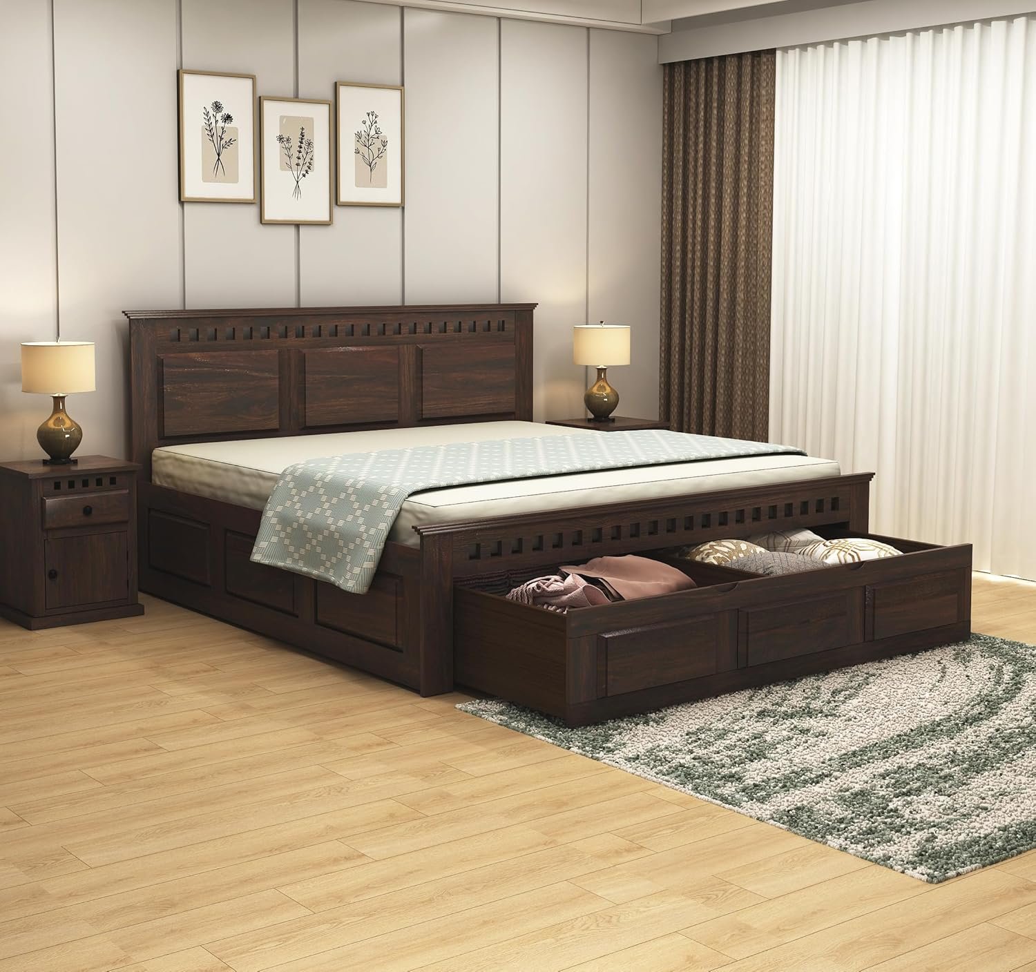 kuber bed Kuber King Size Bed with Drawer Storage | Solid Wood Bed with Storage | Wooden Cot Bed Double Bed with Storage for Home... - Image 1