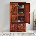 Almirah/Wardrobe/Cabinet/Cupboard/Bookshelf with Four Doors with Diamond Cut Design, Pre-Assembled (Natural Honey Oak)