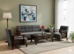 Wooden 5 Seater Sofa Set - 3+1+1, for Living Room, Drawing Room, Office & Lounge | Solid Sheesham Wood, Fabric (Brown)