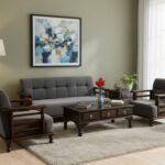 Wooden 5 Seater Sofa Set - 3+1+1, for Living Room, Drawing Room, Office & Lounge | Solid Sheesham Wood, Fabric (Brown)