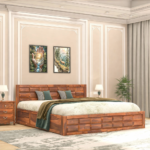 King Size Bed with Box Storage | Wooden Double Bed Cot Palang Furniture for Bedroom Living Room and Home (Honey Finish)