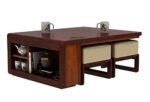 Coffee Table with 4 Stool | Rectangle Centre Table with Stool | Center Table with 4 Stools for Living Room | Patio Table with 4 Puffy for Home | Mahogany Brown Finish - Image 2