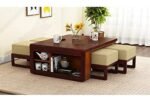 Coffee Table with 4 Stool | Rectangle Centre Table with Stool | Center Table with 4 Stools for Living Room | Patio Table with 4 Puffy for Home | Mahogany Brown Finish