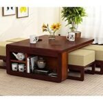 Coffee Table with 4 Stool | Rectangle Centre Table with Stool | Center Table with 4 Stools for Living Room | Patio Table with 4 Puffy for Home | Mahogany Brown Finish