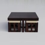 Coffee Table With 4 Stool | Square Centre Table With Stool | Center Table With 4 Stools For Living Room | Patio Table With 4 Puffy For Home | Walnut Finish, Pre Assembled - Image 3