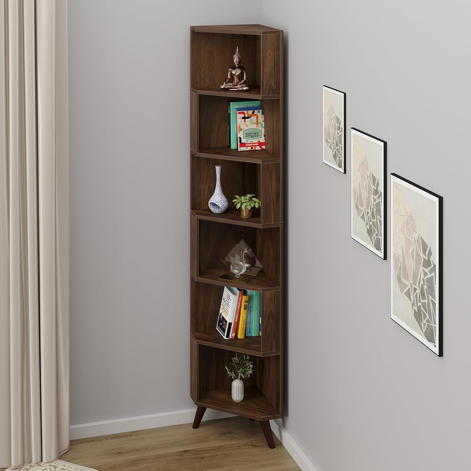 71RuTDEroJL._SL1500_ Corner Shelf Bookshelf Cabinet Book Rack Organizer with Shelves for Storage Décor Display Cabinet Floor Standing for Living Room Home Library (Brown Maple) - Image 1