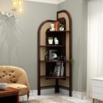 Corner Bookshelf with Cane Webbing, Wooden Display Shelf, Brown, 70 x 19 x 19 Inches, 4 Tier Storage Unit (Walnut)