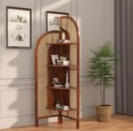 Corner Bookshelf with Cane Webbing, Wooden Display Shelf, Brown, 70 x 19 x 19 Inches, 4 Tier Storage Unit (Honey)