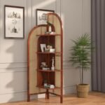 Corner Bookshelf with Cane Webbing, Wooden Display Shelf, Brown, 70 x 19 x 19 Inches, 4 Tier Storage Unit (Honey)