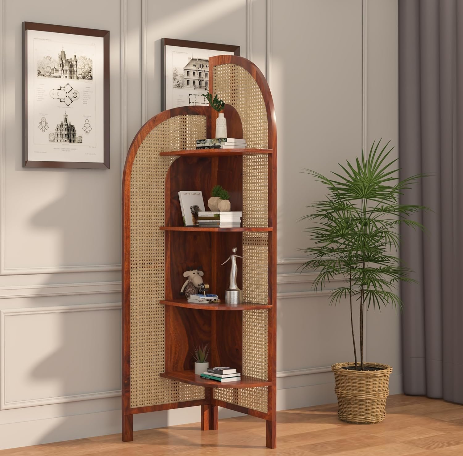 81ADLzYhIZL._SL1500_ Corner Bookshelf with Cane Webbing, Wooden Display Shelf, Brown, 70 x 19 x 19 Inches, 4 Tier Storage Unit (Honey) - Image 1