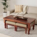 Nesting Coffee Table with 2 Cushion Stool Honey Oak Finish Living Room Furniture