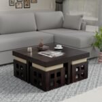 Coffee Table With 4 Stool | Square Centre Table With Stool | Center Table With 4 Stools For Living Room | Patio Table With 4 Puffy For Home | Walnut Finish, Pre Assembled