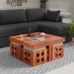 Coffee Table with 4 Stool | Square Centre with Stools | for Living Room Honey Finish, Pre Assembled