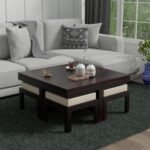 Coffee Table with 4 Stool | Square Centre Table with Stool | Center Table with 4 Stools for Living Room|Patio Table with 4 Puffy for Home| wallnut Finish, Pre Assembled