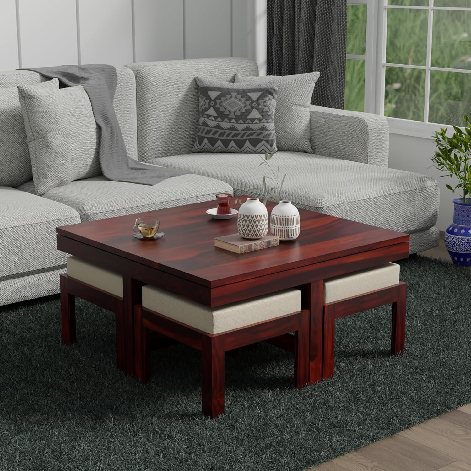 91RgXSb-M4L._SL1500_ Coffee Table with 4 Stool | Square Centre Table with Stool | Center Table with 4 Stools for Living Room | Patio Table with 4 Puffy for Home | Espresso Finish - Image 1