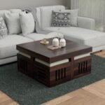 Coffee Table with 4 Stools | Square Centre Table with Stool | Dark Walnut, Pre Assembled