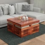 Coffee Table with 4 Stool | Square Centre Table with Stool | Center Table with 4 Stools for Living Room | Patio Table with 4 Puffy for Home | Honey Finish, Pre Assembled